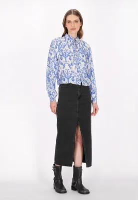 Produktbild von Damen Bluse mit Stehkragen und Kordelzug, in lockerer Passform, Farbe Blau