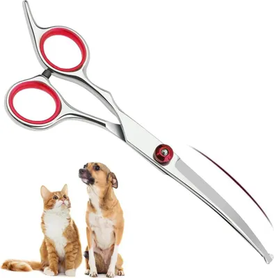Produktbild von Gebogene Hundeschere - Effilierschere zum Schneiden von Hundehaaren mit abgerundeter Spitze - Sichere rostfreie Schere für Hunde und Katzen