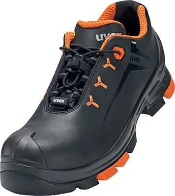 A black and orange Uvex safety shoe.