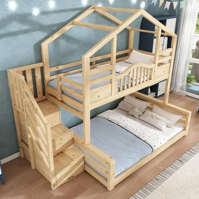 Produktbild von MODFU Etagenbett 140x200 Hausbett Jugendbett Kinderbett mit Naturholz-Optik,Doppelbett mit Treppenschrank und Regalen,ohne Matratze,Natur