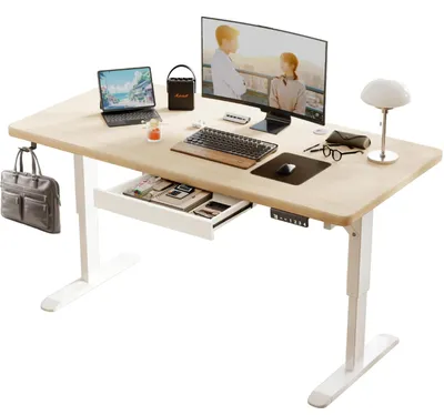 Image de Bureau réglable électriquement - 120 x 60 cm - Blanc - Structure en bois - Idéal pour le bureau et le télétravail