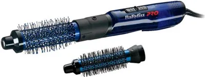 A blue and black BaByliss PRO hair dryer and curling iron with an interchangeable brush attachment, shown on a white background.