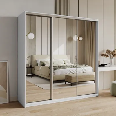 Produktbild von Masseno Schiebetürenschrank RIEN 200/205/60 cm Kleiderschrank mit Schubladen Schlafzimmer Schrank 3-türig mit Spiegel Weiß + Satin