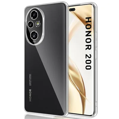 A clear protective case for a Honor 200 smartphone is shown, with the phone's screen displaying the "HONOR 200" text.