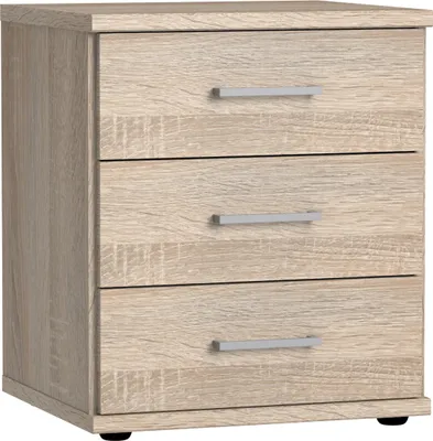 Produktbild von Kommode "Click" aus Spanplatte in Eiche-Sägerau-Nachbildung mit 3 Schubladen. Abmessungen (B/H/T) 46x58x40 cm