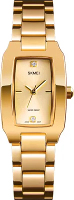 A close-up studio shot of a gold-colored women's wristwatch against a white background.