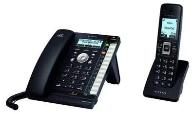 A black Alcatel IP phone with a handset and a separate cordless handset on its charging base, both on a white background.