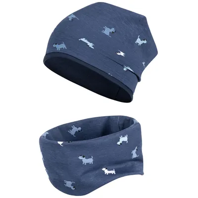 Produktbild von Übergangsmütze + Schlauchschal Beanie Stoffmütze Mädchen Junge im Set Loop Baumwolle, Gr. 50-52, Dunkelblau-Hunde