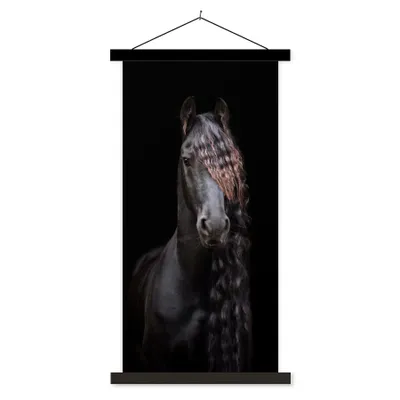Produktbild von MuchoWow® Textilposter Pferde - Friesisch - Mähne - Schwarz - Tiere 60x120 cm mit schwarzem Rahmen - Magnete