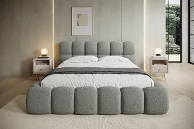 Produktbild von Polsterbett NUVIO 140x200 cm – Modernes Bouclé-Doppelbett mit gepolstertem Kopfteil – Grau – 140x200x87 cm