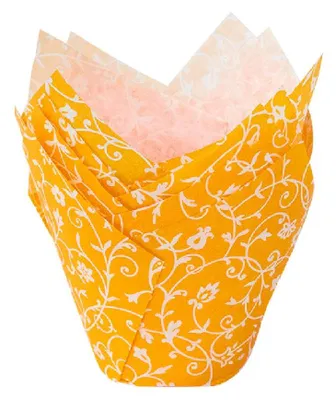 Immagine prodotto di Stampini per muffin Demmler in carta Tulip-Wraps al gusto mango (arancione) con motivo bianco - Contenuto: 24 pezzi, diametro circa 5 cm - 1616842410