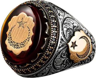 Produktbild von Männlicher Ring, Persönlichkeit, handgraviertes Muster, handgefertigt, glänzender Vintage-Rotstein, türkischer Siegelring, Schmuckzubehör-Gelb,US 11