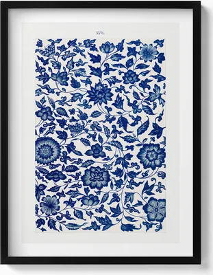 Produktbild von Vintage-Blumenmuster– Wandbild mit Rahmen – Gerahmtes Bild  – Wanddekoration – 60x80 cm –  Schwarz Rahmen