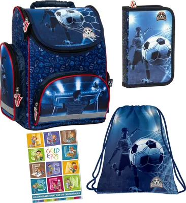 Produktbild von Schulranzen für Jungen, 4er-Set - Schul-Rucksack für Kinder mit Federmäppchen - Schuhbeutel und Hausaufgabenheft - Fußball Motiv