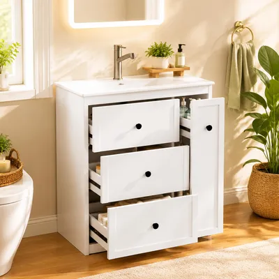 Immagine prodotto di Armadietti da bagno okwish con cassetto estraibile laterale, mobile lavabo autoportante con lavabo in Vetroceramica, ampio spazio di stoccaggio, colore bianco