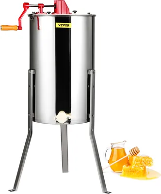 A stainless steel honey extractor with a red handle and a yellow VEVOR logo, shown on a white background with a small pitcher of honey and honeycomb in the foreground.