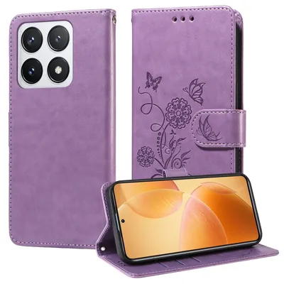 Produktbild von Mobigear Blumen-Handyhülle für Xiaomi 14T Pro – Klapphülle/Etui mit Geldbörsenfunktion – Lila