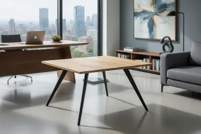 Image de Table basse moderne en bois avec des pieds métalliques robustes