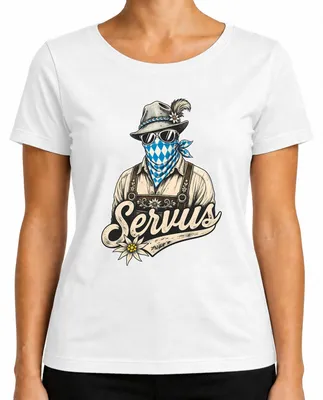 Imagen del producto de Servus Bayern: Pantalones de cuero tradicionales, camisa de traje tradicional, vestido tradicional "Dirndl", motivo de Edelweiss, camiseta para mujer, color blanco, talla L