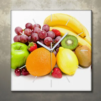 Produktbild von Wohnzimmer Leinwand Uhr Geräuschlos Küche 30x30 Farbige, Früchte, weiße Zeiger