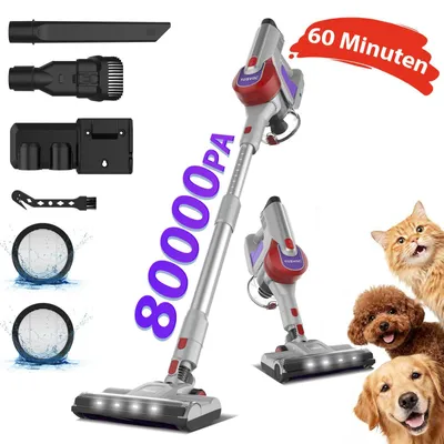 Produktbild von Akku Staubsauger 80000Pa/60Min/1,7 L Staubsauger Kabellos mit Beutel, 50dB leise/5-Stufen-Filter/LED Display, Ideal für Böden/Teppiche/Auto
