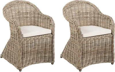 Produktbild von BELIANI Gartensessel 2er Set Natürlich Rattan mit hoher Rückenlehne Auflage Hellbeige Baumwolle Terrasse Balkon Außen Wohnzimmer Gartenzubehör Retro