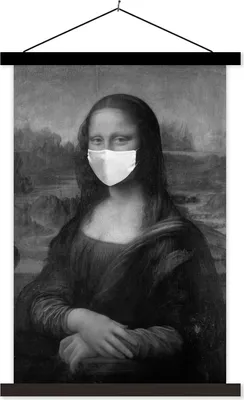 Produktbild von MuchoWow® Textilposter Mona Lisa mit weißer Mundhaube - ein Gemälde von Leonardo da Vinci - schwarz-weiß 60x90 cm mit schwarzem Rahmen - Poster Wohnzimmer