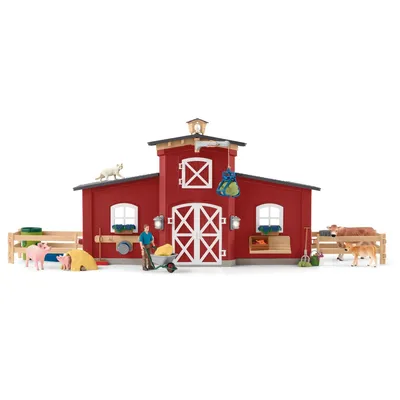 A toy farm set with animals and accessories, displayed on a white background.