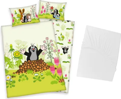 Produktbild von 3 tlg Baby Bettwäsche Set - Der Kleine Maulwurf - Renforcé - 40x60 100x135 cm + 1 Spannbettlaken weiß 60x120 - 70x140 cm