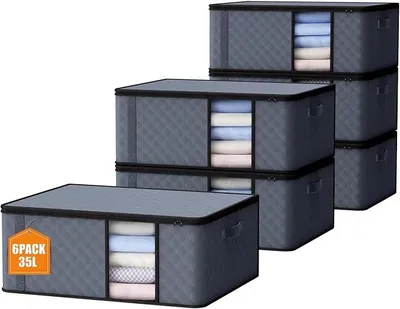 Produktbild von PolkaHome® 6 Stück Aufbewahrungsboxen 35L mit Deckel, faltbare Stoffboxen mit Sichtfenster, Umzugskartons für Kleidung, Decken,