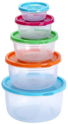 Immagine prodotto di VIKY confezione da 5 contenitori per alimenti con coperchio, contenitori per snack in plastica senza BPA, contenitori per la preparazione dei pasti, contenitori per la conservazione con coperchio per la cucina, contenitori per alimenti impilabili, adatti per microonde e congelatori, rotondi