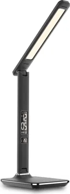 A black LED desk lamp with a digital display on its stand, shown against a white background.