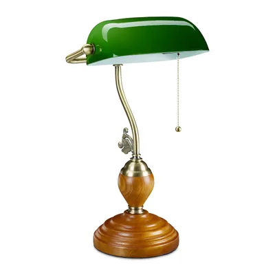Produktbild von Relaxdays Bankerlampe mit Zugschalter, neigbarer Glasschirm, Holzfuß, Retro Design, E27-Fassung, Schreibtischlampe, grün
