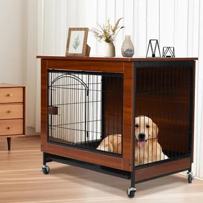 Produktbild von Hundekäfig Möbel 78cm Holz Indoor mit Rollen Vintagebraun für kleine/mittelgroße Hunde 78x55x73 cm