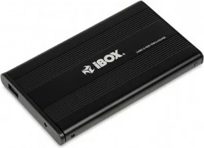 A black external hard drive enclosure with the brand logo and product name printed on it, set against a white background.
