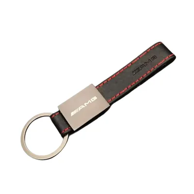 Produktbild von Schlüsselanhänger für AMG aus Leder – Schwarzer Premium Schlüsselanhänger mit roten Ziernähten und Metallplakette