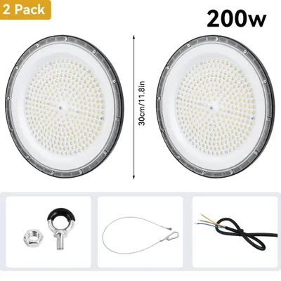 Image de Projecteur LED UFO - Luminaire LED industriel - 200 W - Lot de 2 - 85–265 V - Blanc froid - Boîtier en aluminium - Intérieur/Extérieur