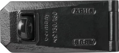 A black metal security hasp lock.