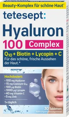 Zdjęcie produktu dla tetesept Hyaluron 100 Complex – suplement diety o wysokiej zawartości kwasu hialuronowego dla skóry