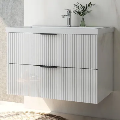 Produktbild von Waschtisch mit Unterschrank 80cm RIVA Badmöbel Set Hochglanz Weiß Rechteckiges Waschbecken mit Unterschrank Softclose