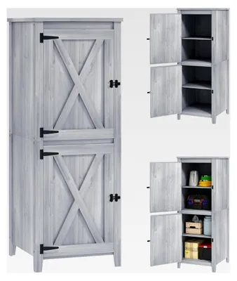 Produktbild von Gartenschrank aus Holz, wetterfester Geräteschrank 60x60x160cm mit Ablagen, Doppeltüren, abschließbar, Gerätehaus für Terrasse und Garten, Hellgrau