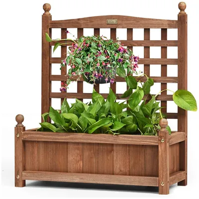 Produktbild von GOPLUS Blumenkasten mit Rankgitter, Pflanzkasten aus Massivholz, Rankkasten, Blumenständer, mit Ablauflöchern, Lackierte Oberfläche, für Balkon Garten, Dunkelbraun