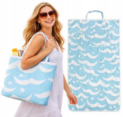 Zdjęcie produktu dla Torba plażowa 2w1 i ręcznik, bawełna, niebieski, 87x150 cm – Składana torba na ramię do plaży i basenu