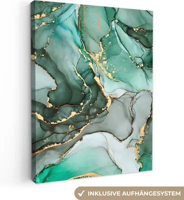 Produktbild von MuchoWow® - Leinwandbilder - Gold - Marmor - Grün - Luxus - Marmoroptik - Grau, Wandbild, Wanddeko Bilder Wohnzimmer, 90x120 cm