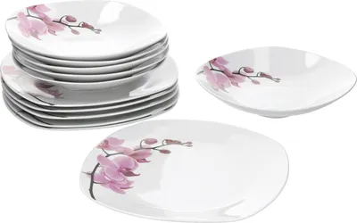 Produktbild von Tafelservice 12-tlg. Kyoto Orchidee leicht eckig Porzellan für 6 Personen weiß mit Dekor