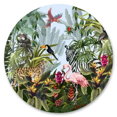 Produktbild von Sticker rund wilde TIERE Vögel Zebra Affe Leopard tropische Blätter Blumen Pflanzen Natur Aufkleber Wandtattoo 100 cm x 100 cm