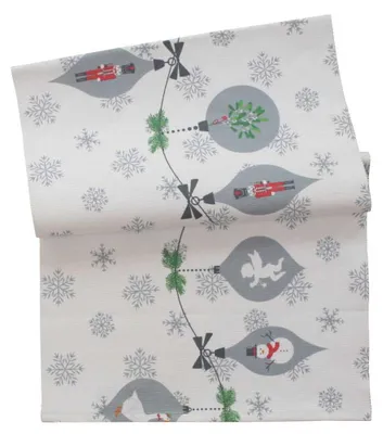 Produktbild von Krasilnikoff Tischläufer X-MAS ORNAMENTS Weiß mit Weihnachtsmotiven 35x120 cm