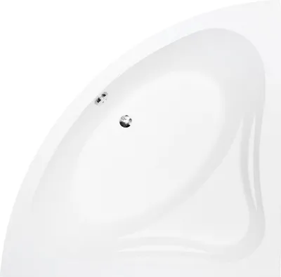 A top-down view of a white corner bathtub.