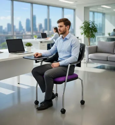 Image de Chaise de bureau violette avec un repose-table pratique et une conception ergonomique