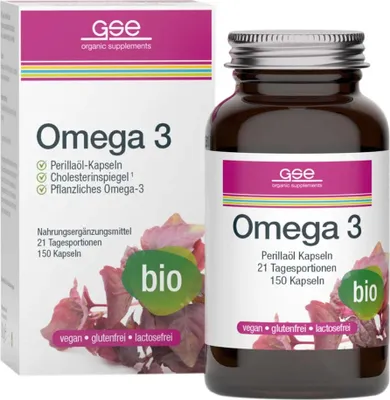 A product shot of Gse Omega-3 Perillaöl biologische Kapseln, showing both the box and the bottle.